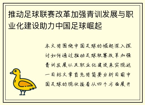推动足球联赛改革加强青训发展与职业化建设助力中国足球崛起