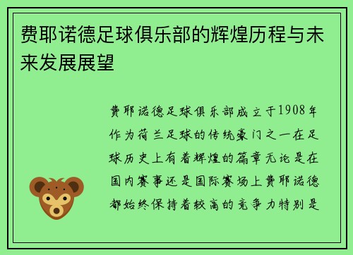 费耶诺德足球俱乐部的辉煌历程与未来发展展望