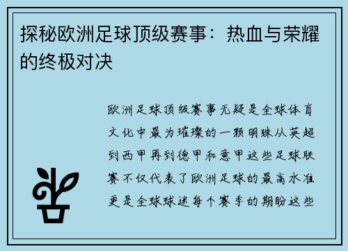 探秘欧洲足球顶级赛事：热血与荣耀的终极对决