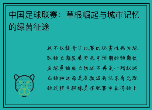 中国足球联赛：草根崛起与城市记忆的绿茵征途
