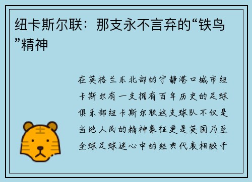 纽卡斯尔联：那支永不言弃的“铁鸟”精神